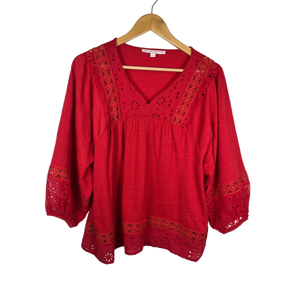 Stella + Ginger Boho Eyelet Crochet Lace Peasant Blouse PXL Red Balloon Sleeve